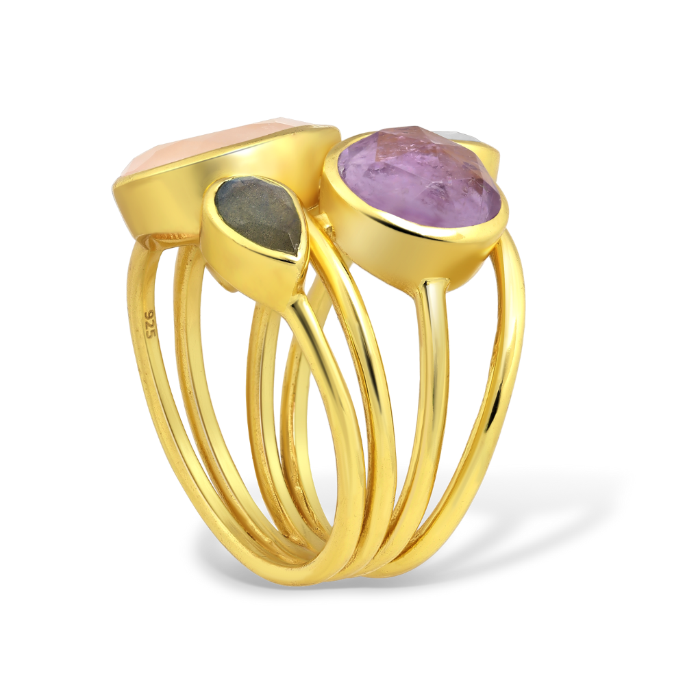 Sterling Silver 18kt Gold Plated Amethyst, Labradorite, Rainbow Moonstone, and Rose Quartz Stone CZ Mix Multi-Band Geometric Statement Ring