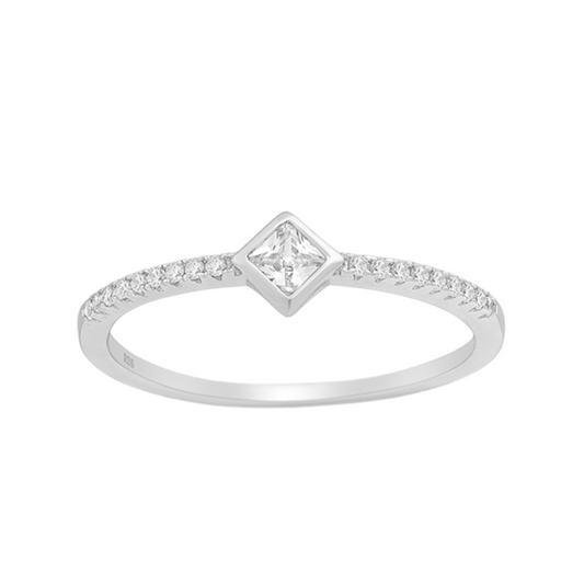 Sterling Silver & Clear CZ Pave Band and Diamond Shaped Ring