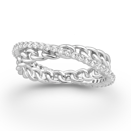 Sterling Silver Chain Link & CZ Pave Crossover Ring