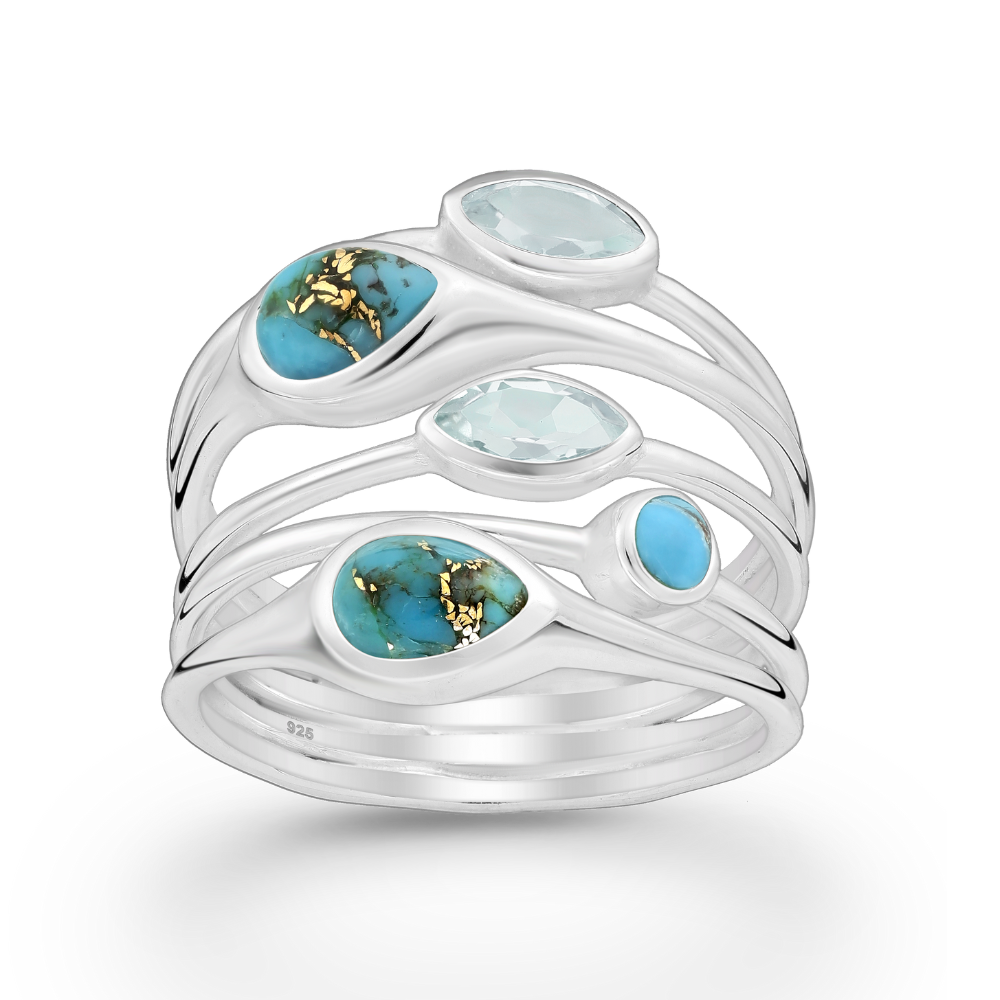 Sterling Silver Multi Band Turquoise & Sky Blue Topaz Teardrops Ring