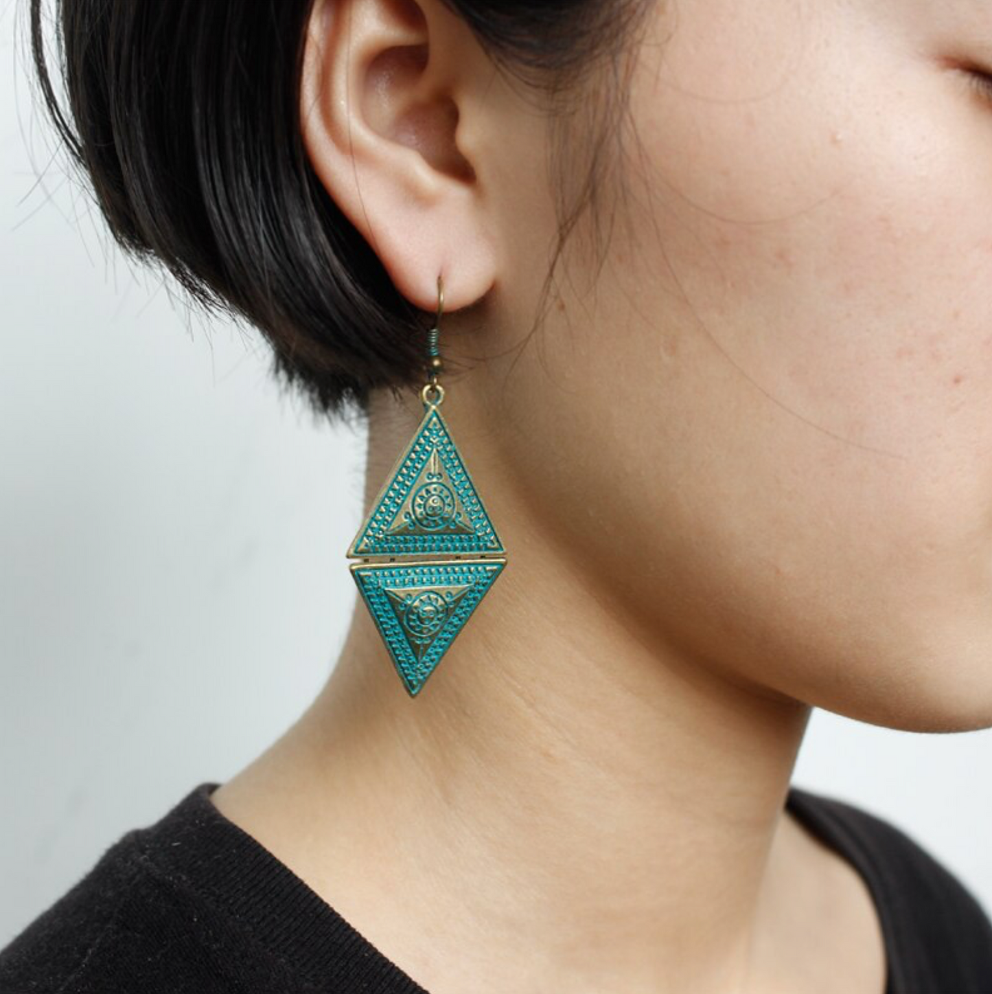 Teal & Goldtone Dotted Dual Triangle Drop Earrings