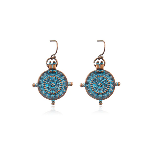 Brass & Blue Detailed Vintage Circular Drop Earrings