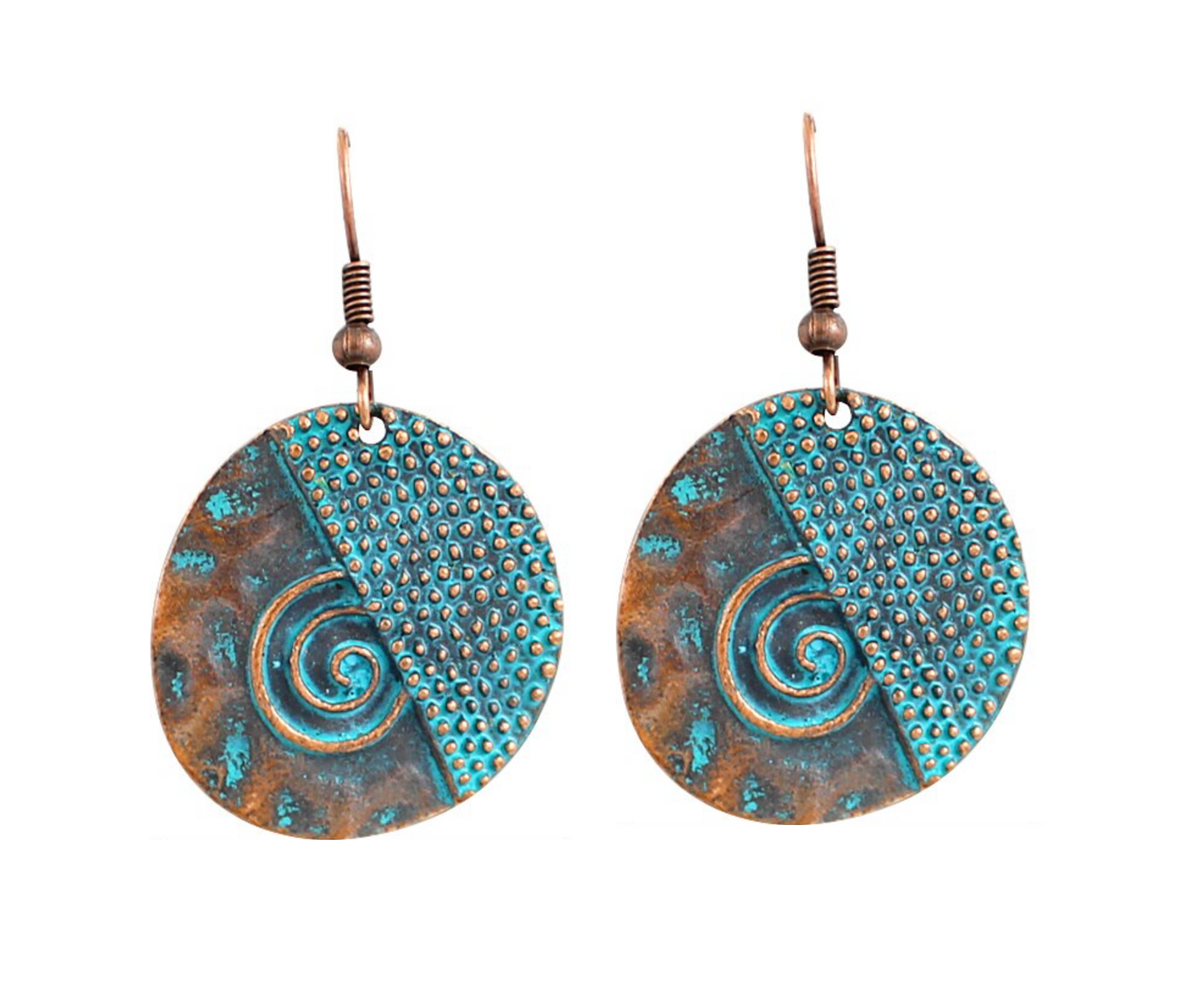 Brass & Teal Swirl Circular Drop Earrings