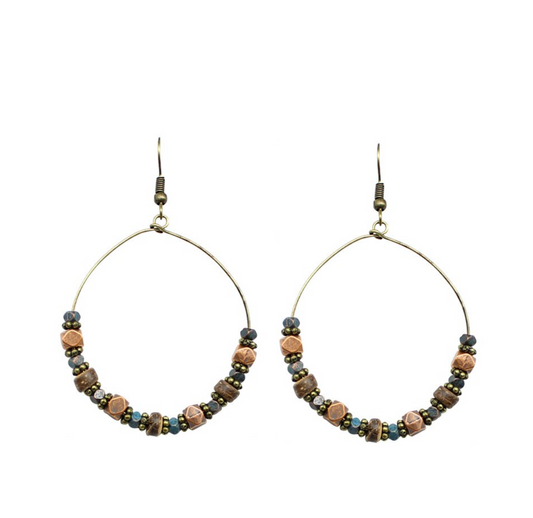 Brass & Blue Hoop Beaded Earrings