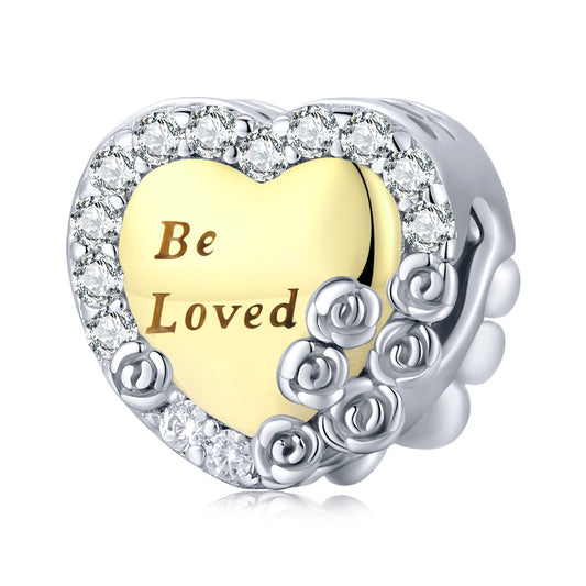 Cubic Zirconia & Sterling Silver "Be Loved" Heart & Roses Charm