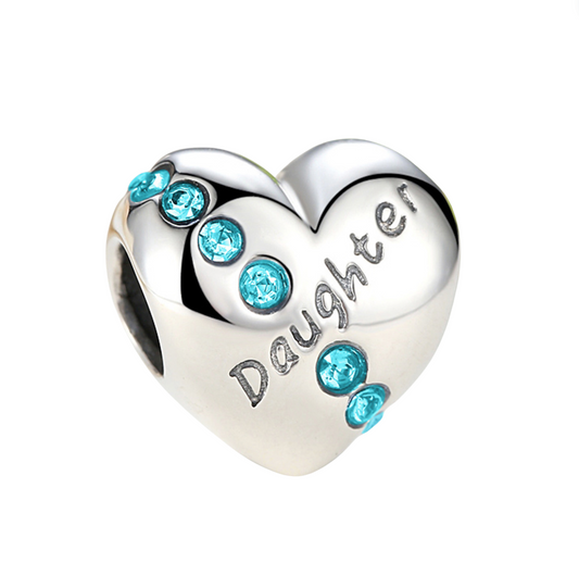 Blue Cubic Zirconia & Sterling Silver 'Daughter' Heart Charm