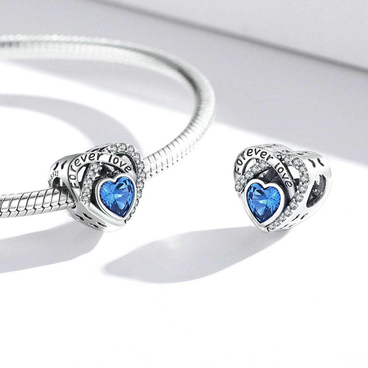 Blue Cubic Zirconia & Sterling Silver 'Forever Love' Charm