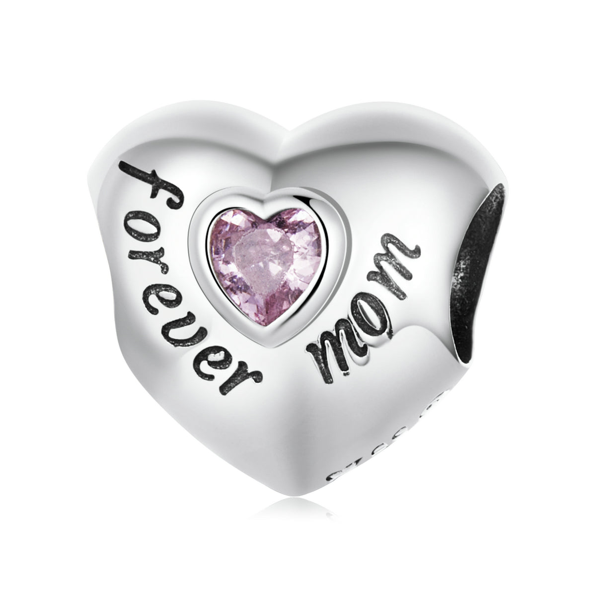 Pink Cubic Zirconia & Sterling Silver 'Forever Mom' Heart Charm