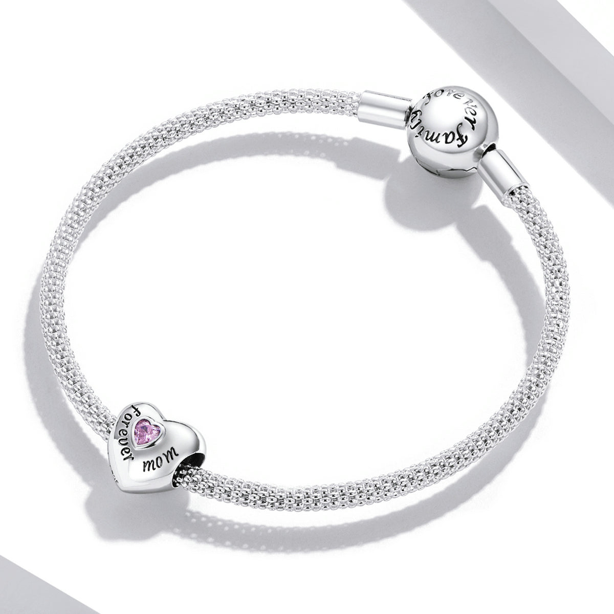 Pink Cubic Zirconia & Sterling Silver 'Forever Mom' Heart Charm