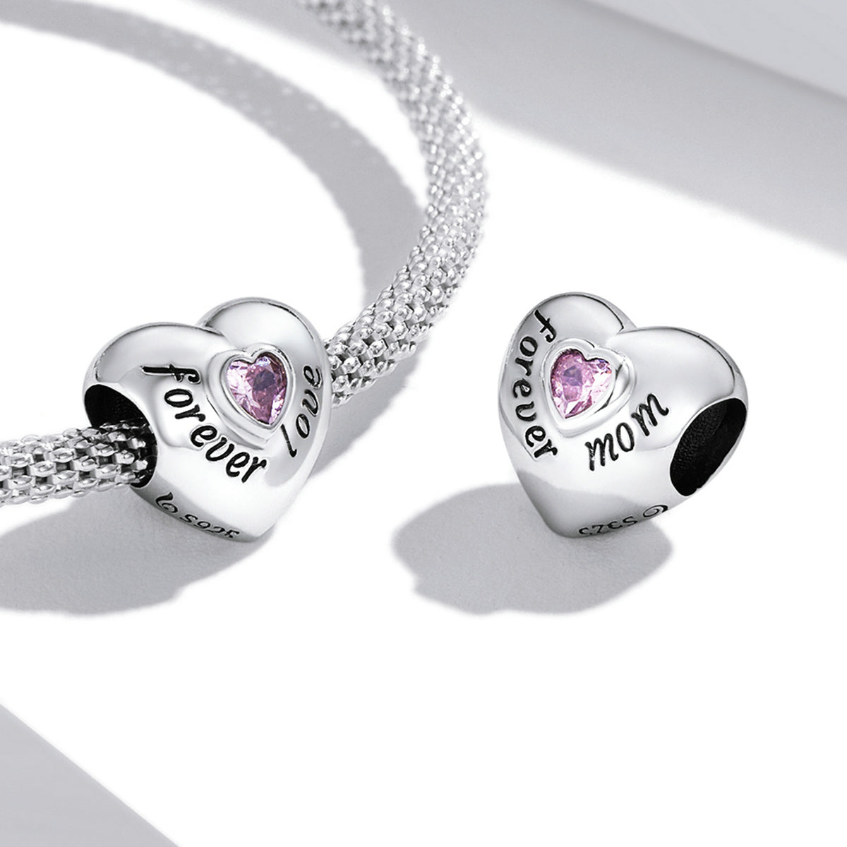 Pink Cubic Zirconia & Sterling Silver 'Forever Mom' Heart Charm