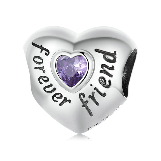 Purple Cubic Zirconia & Sterling Silver 'Forever Friend' Heart Charm