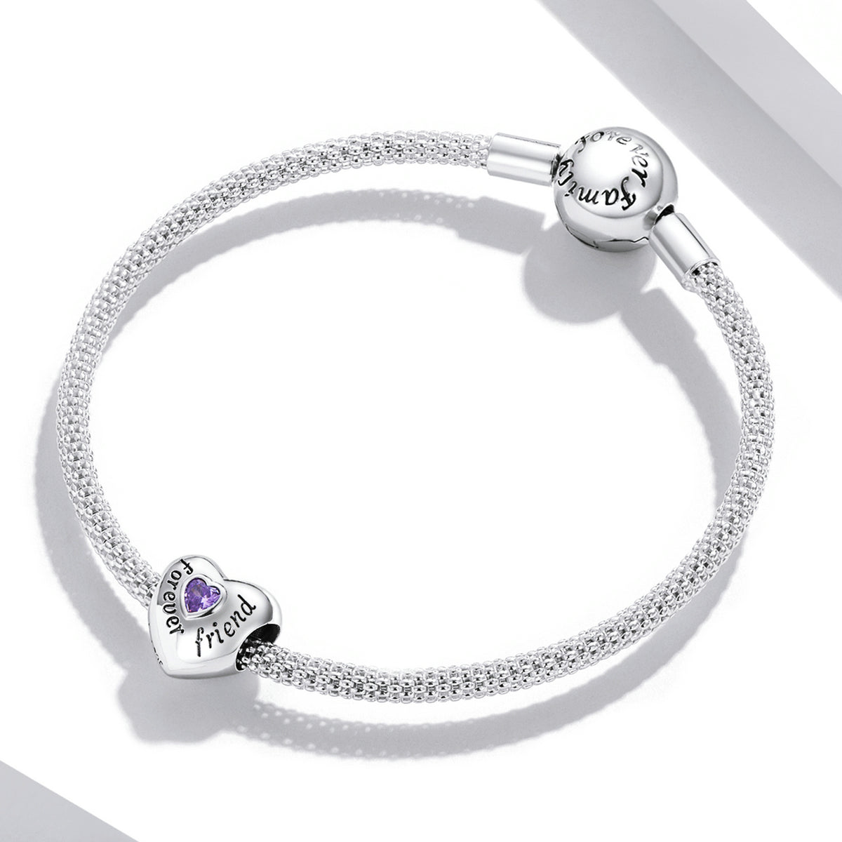 Purple Cubic Zirconia & Sterling Silver 'Forever Friend' Heart Charm