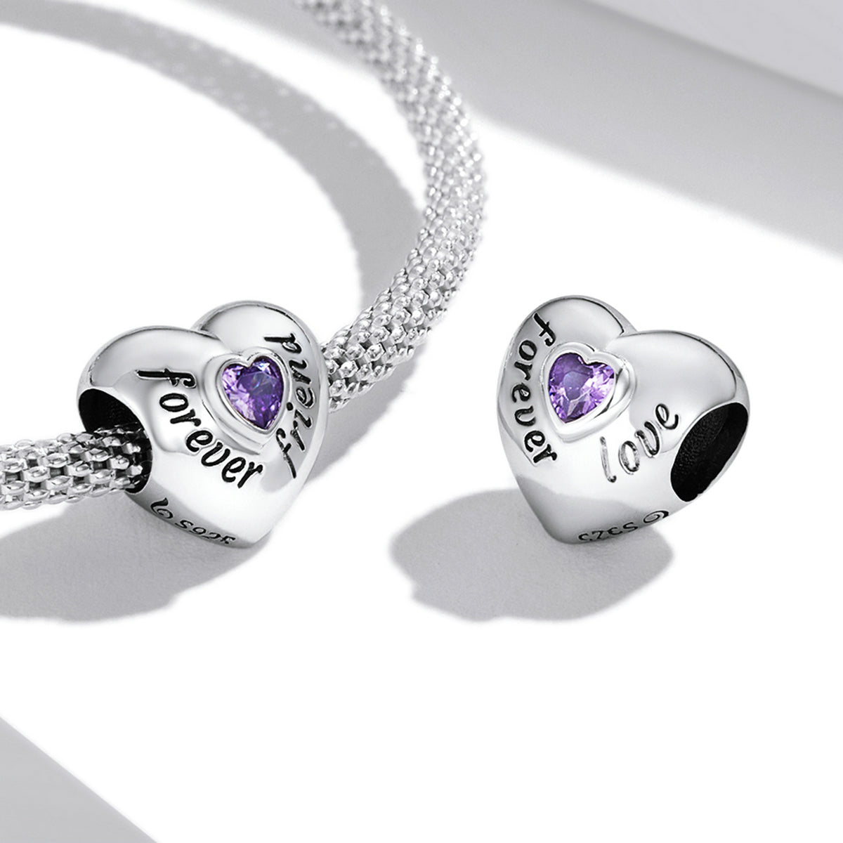 Purple Cubic Zirconia & Sterling Silver 'Forever Friend' Heart Charm