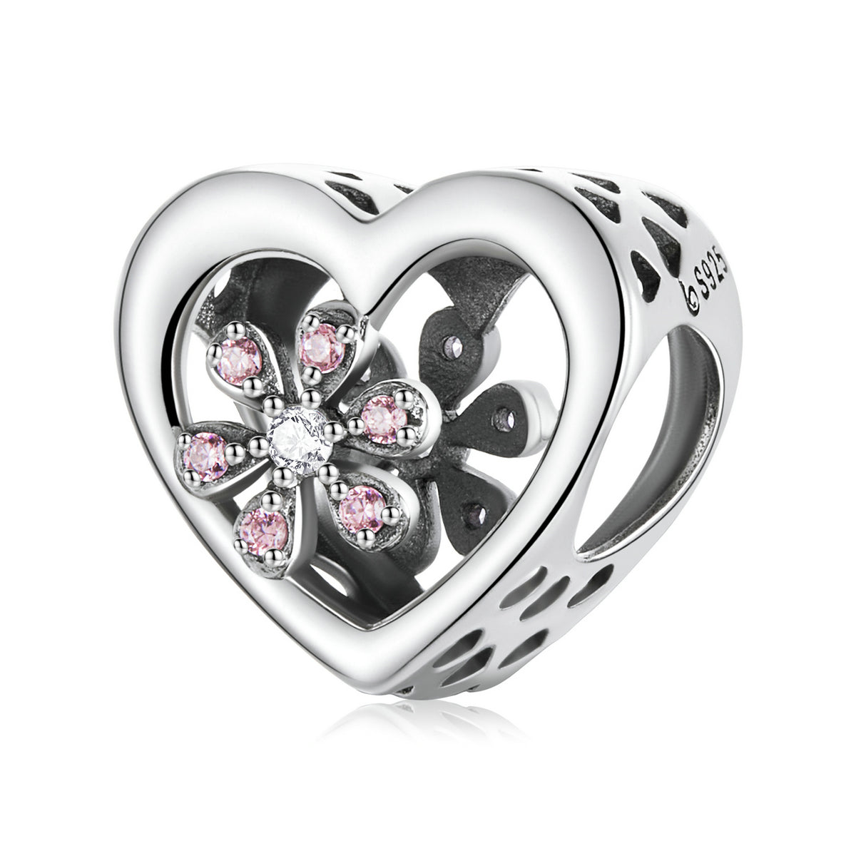 Pink Cubic Zirconia & Sterling Silver Flower Cutout Charm