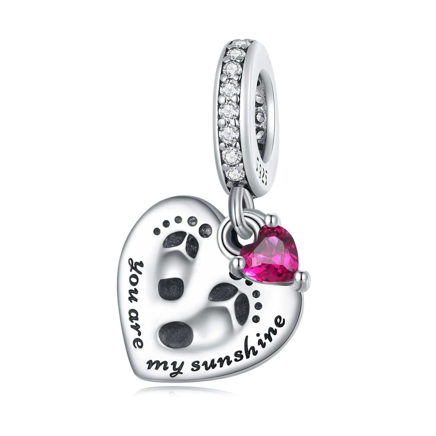 Cubic Zirconia & Sterling Silver Heart & Foot Print Charm