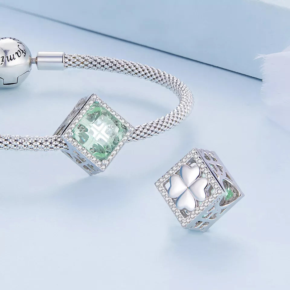 Light Green Cubic Zirconia & Sterling Silver Square Pavé Charm