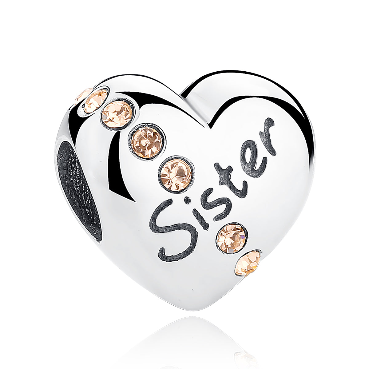 Champagne Cubic Zirconia & Sterling Silver 'Sister' Heart Charm