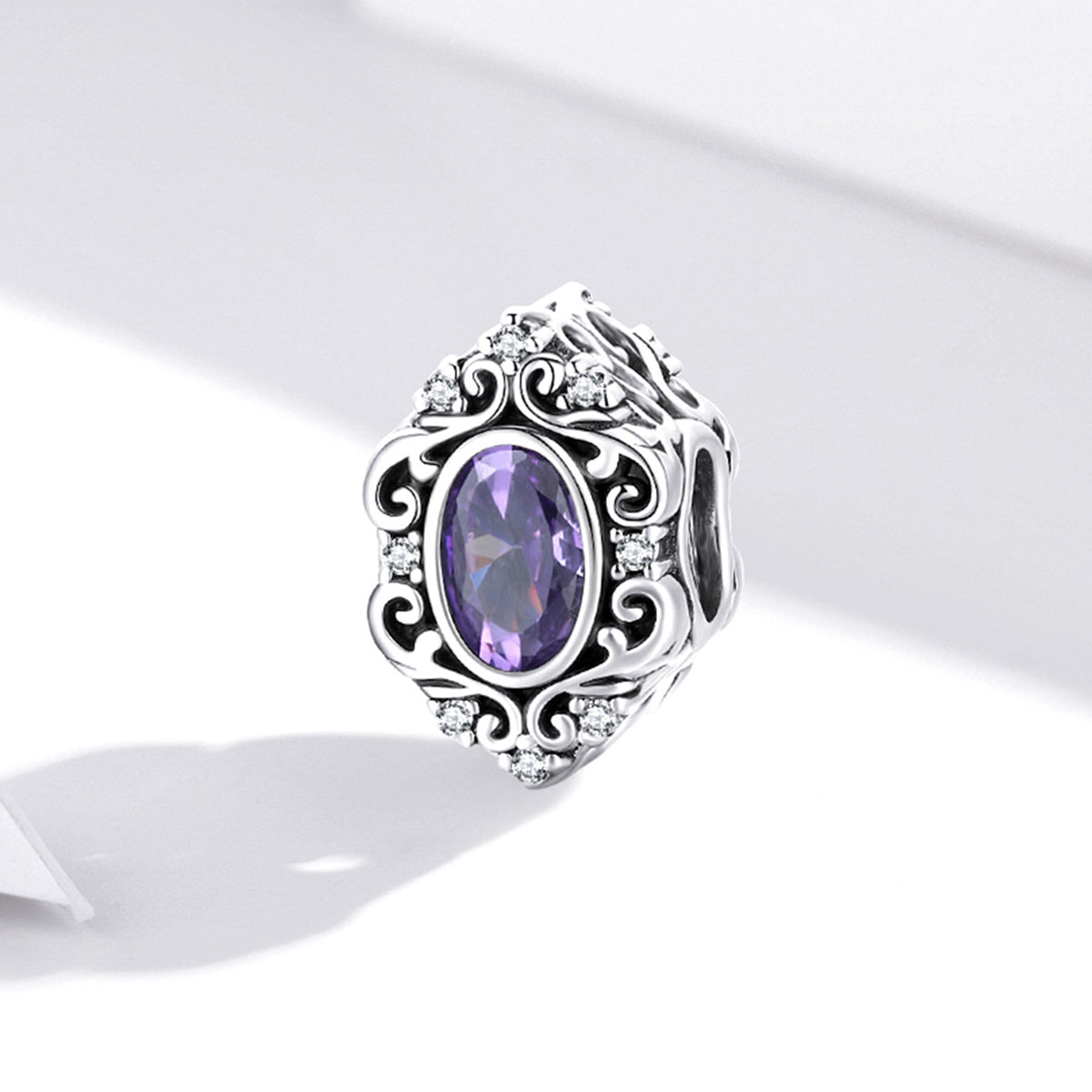 Purple Cubic Zirconia & Sterling Silver Filigree Charm