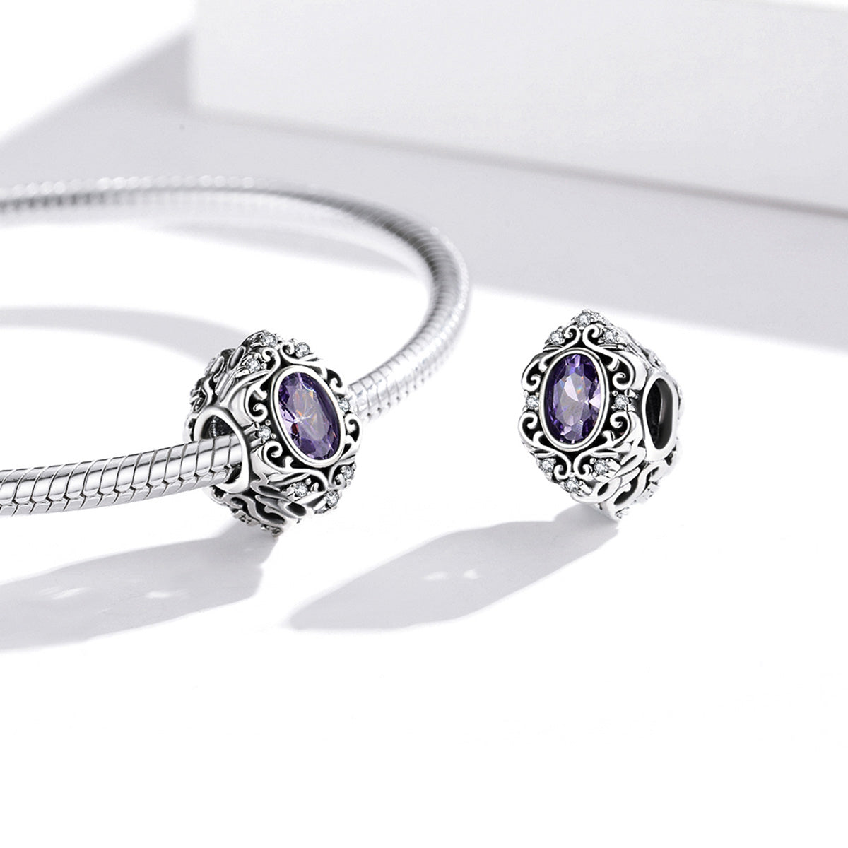 Purple Cubic Zirconia & Sterling Silver Filigree Charm