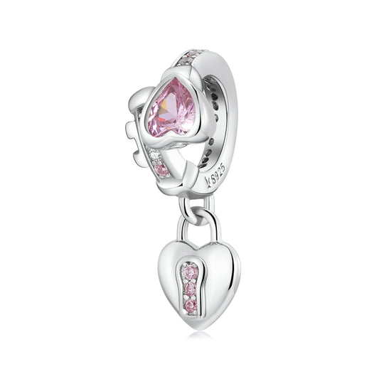 Pink Cubic Zirconia & Sterling Silver Heart Lock Charm