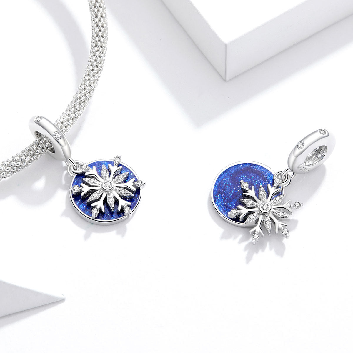 Blue Cubic Zirconia & Sterling Silver Disk & Snowflake Charm