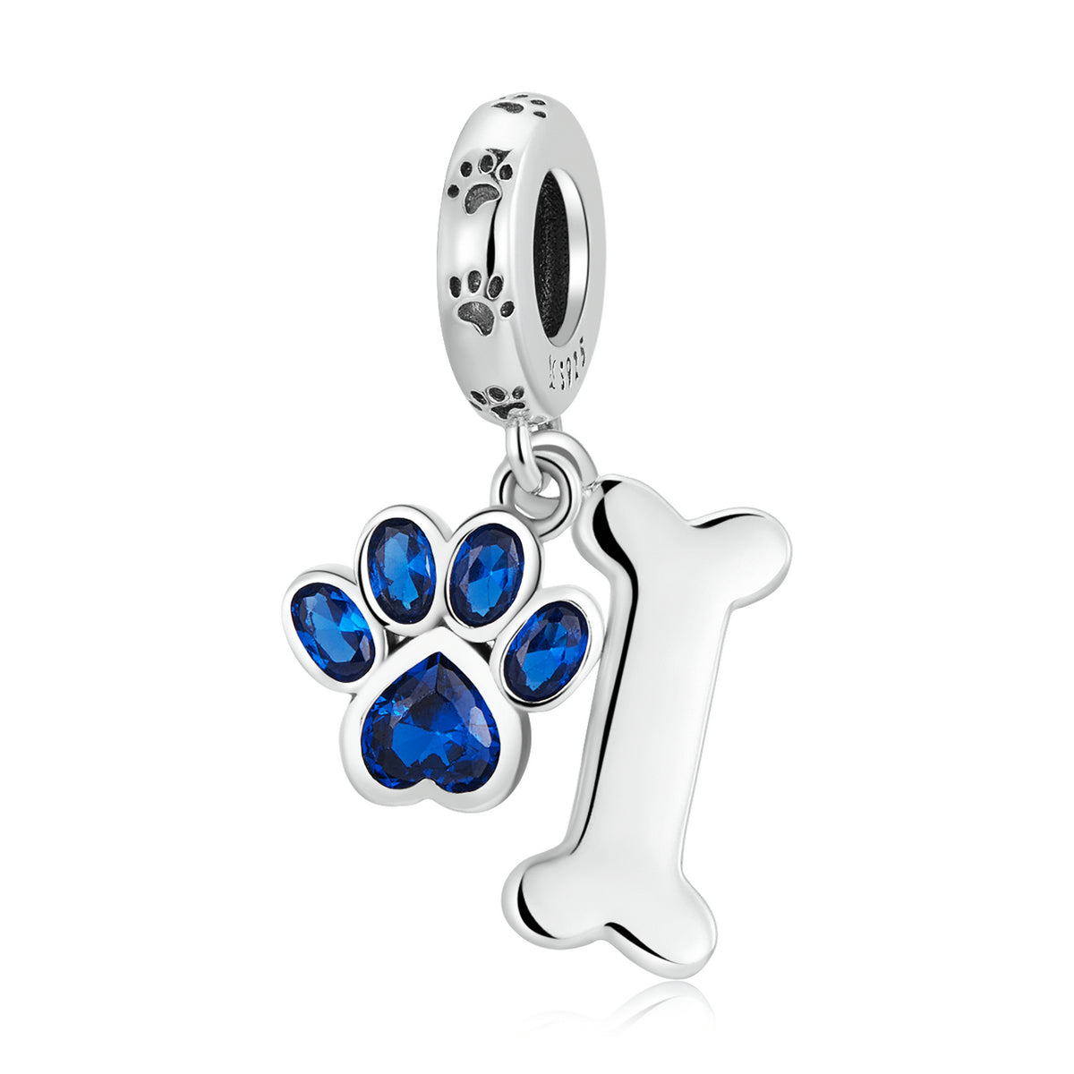 Blue Cubic Zirconia & Sterling Silver Paw & Bone Charm