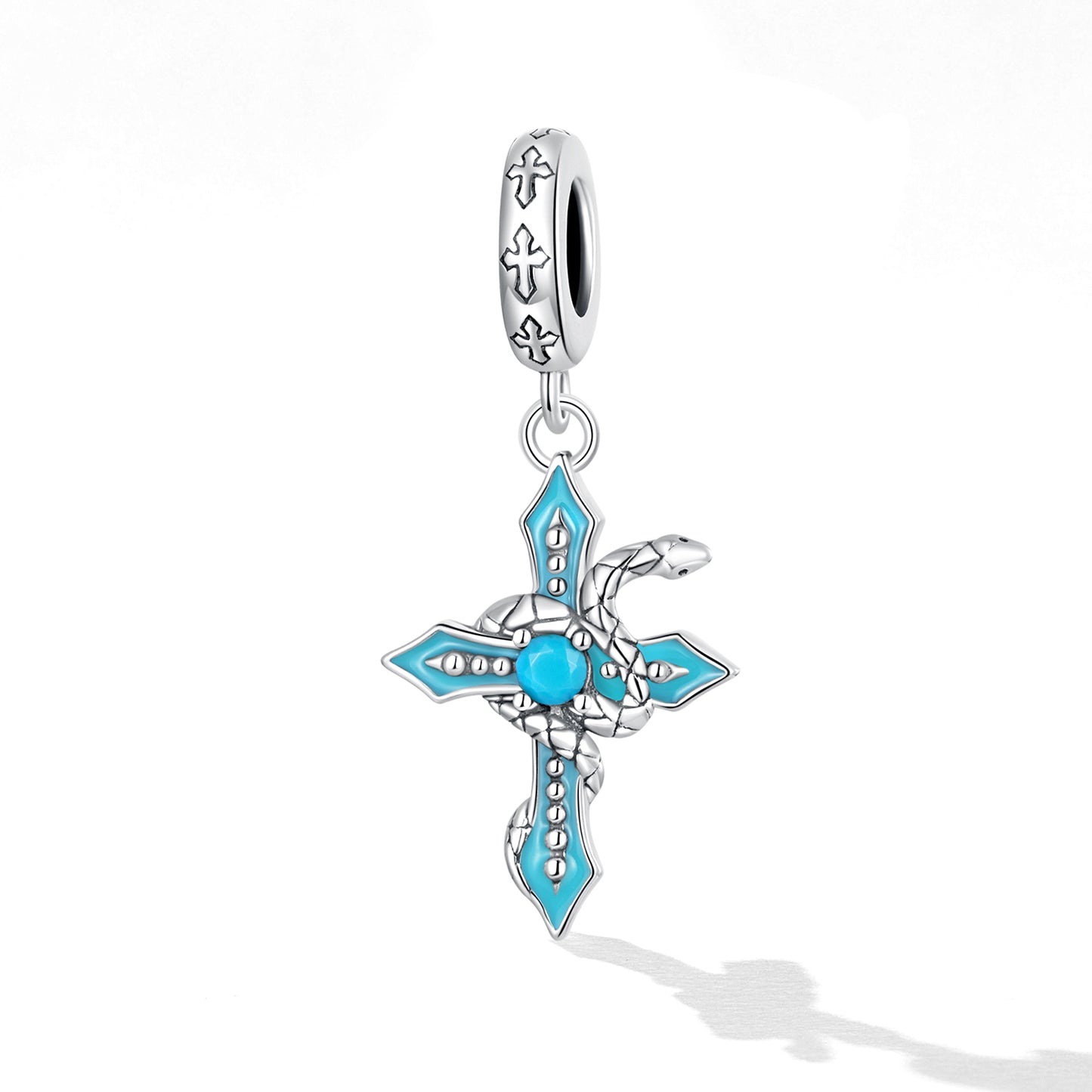 Turquoise Enamel & Sterling Silver Snake Cross Charm