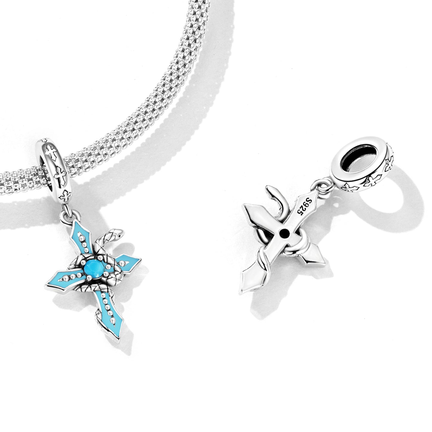 Turquoise Enamel & Sterling Silver Snake Cross Charm