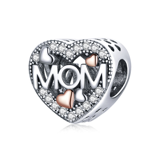 Rose Gold Cubic Zirconia & Sterling Silver "Mom" Charm