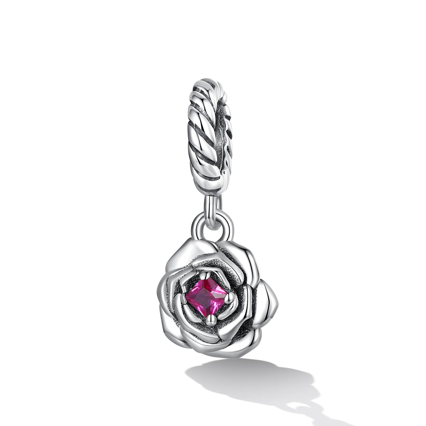 Fuchsia Cubic Zirconia & Sterling Silver Rose Charm