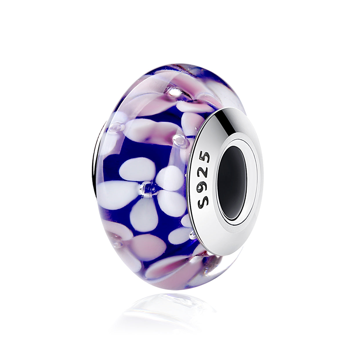 Rhodium Pink Purple Floral Glass Bead Charm (113022-94)