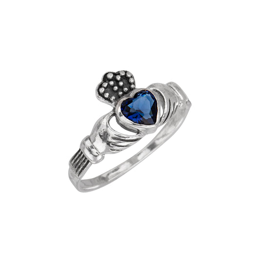 Dark Blue Cubic Zirconia & Sterling Silver Claddagh Heart Ring