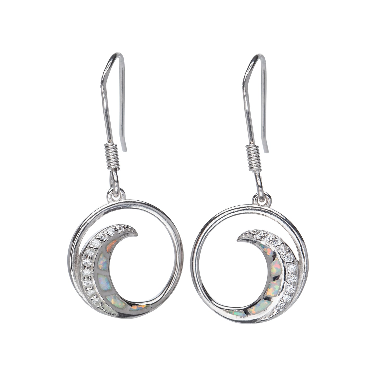 Sterling Silver Round Wave Drop Earrings with White Lab-Created Opal