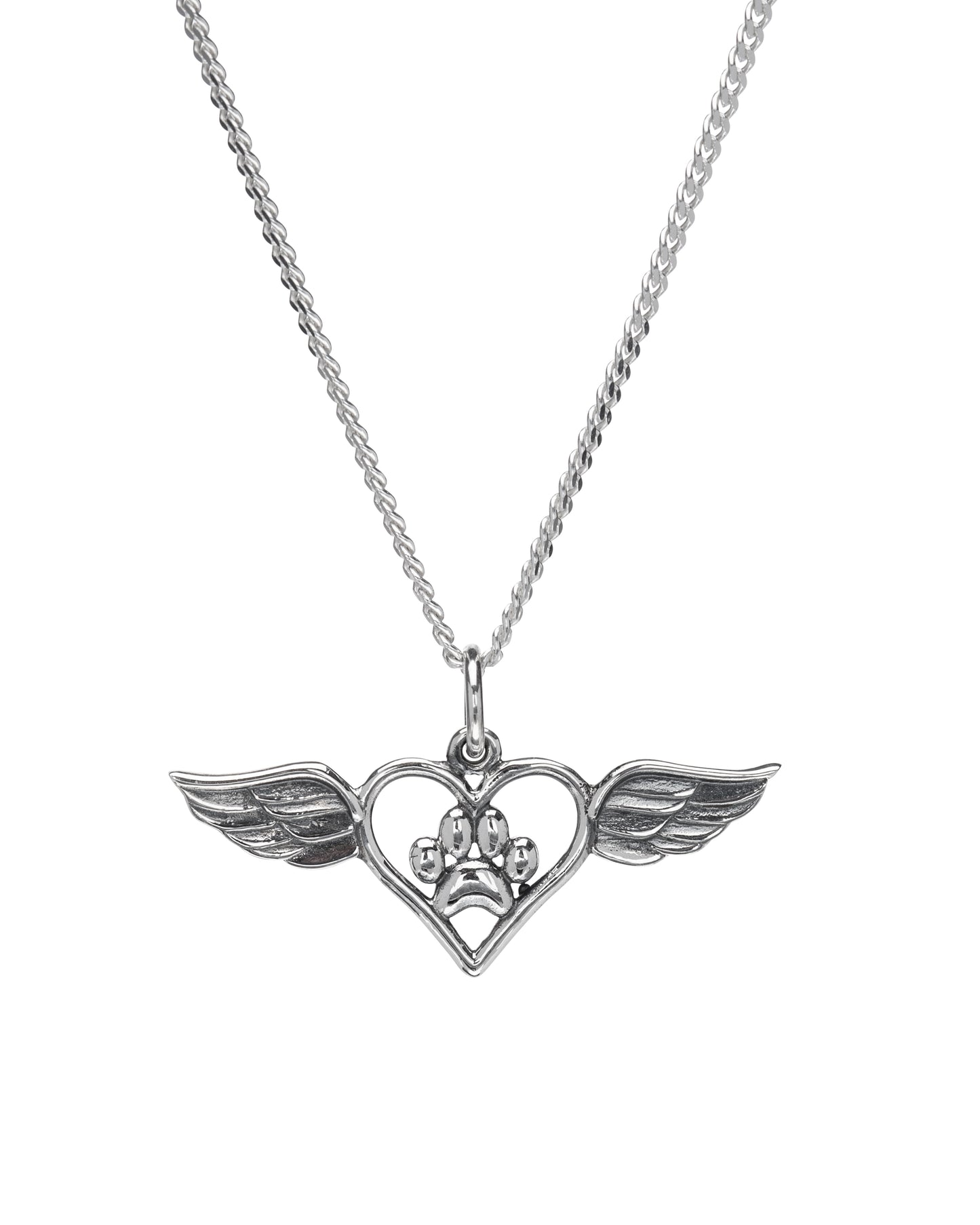 Sterling Silver Paw Heart with Angel Wings Pendant Necklace