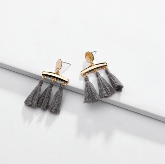 Goldtone  Grey Triple Tassel Drop Earrings