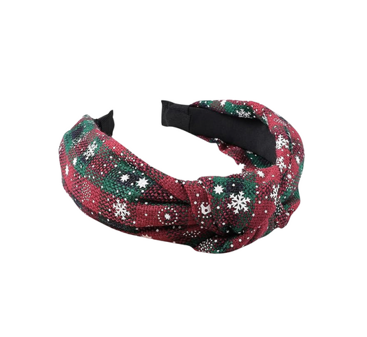 Classic Red & Green Plaid Christmas Snowflake Knotted Headband