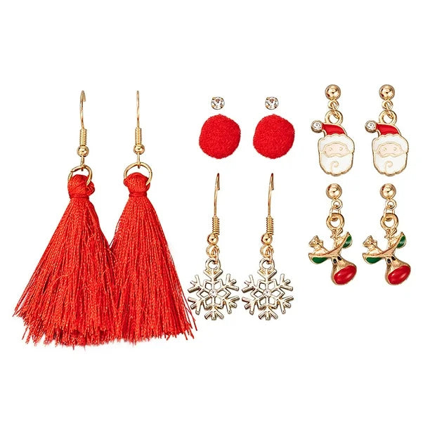 Christmas earring set with red tassels, snowflakes, Santa faces and festive charms