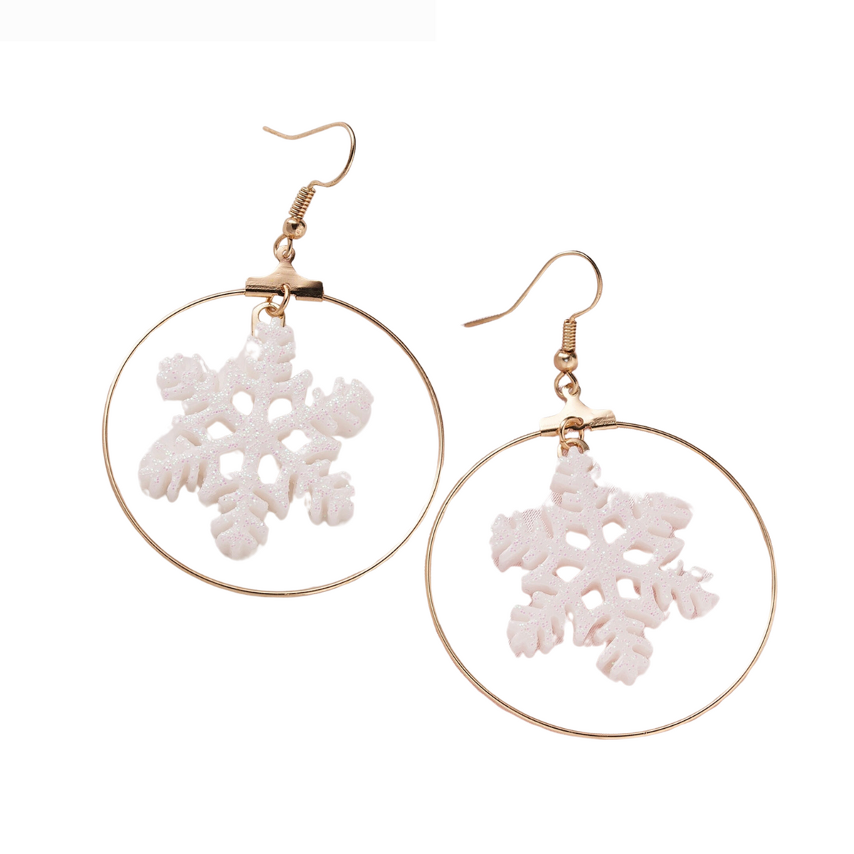 Goldtone hoop earrings with white glittery snowflake centers
