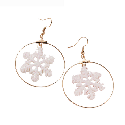 White Glittery Snowflake Goldtone Hoop Earrings