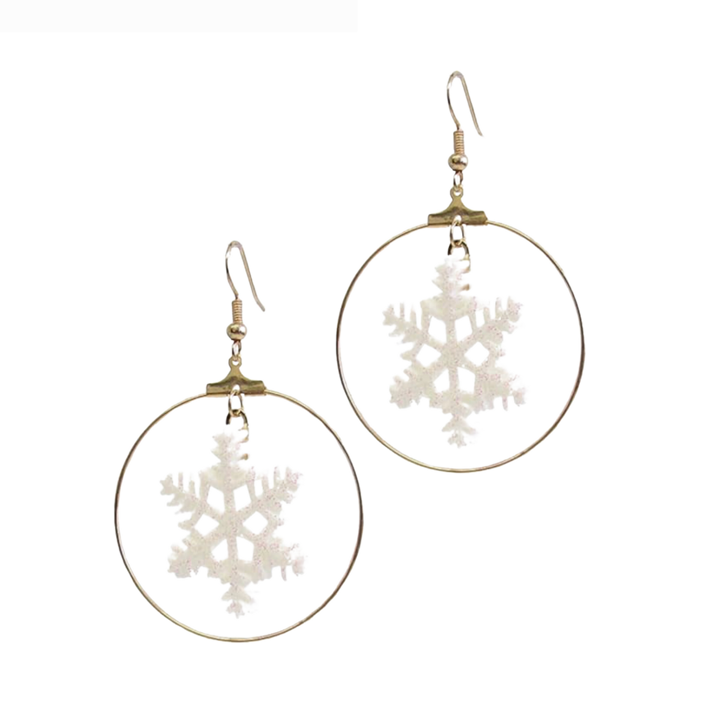 White Glittery Snowflake Goldtone Hoop Earrings