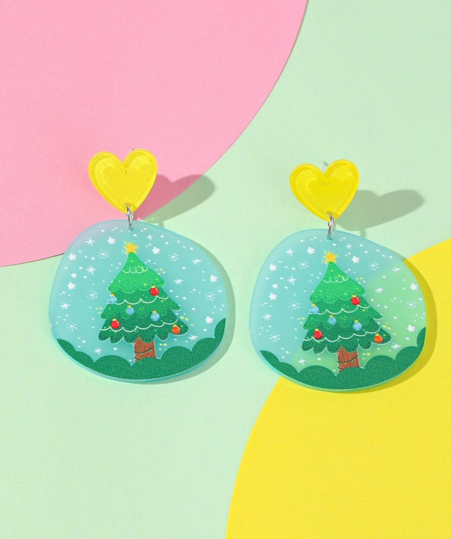 Snowy Christmas Tree Drop Earrings With Yellow Heart