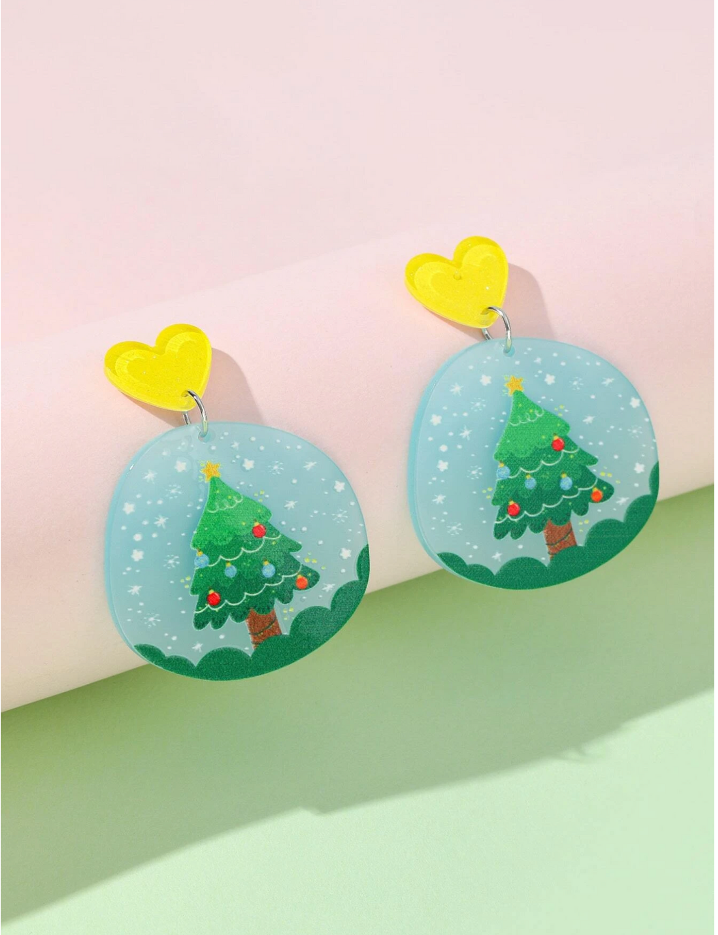 Snowy Christmas Tree Drop Earrings With Yellow Heart