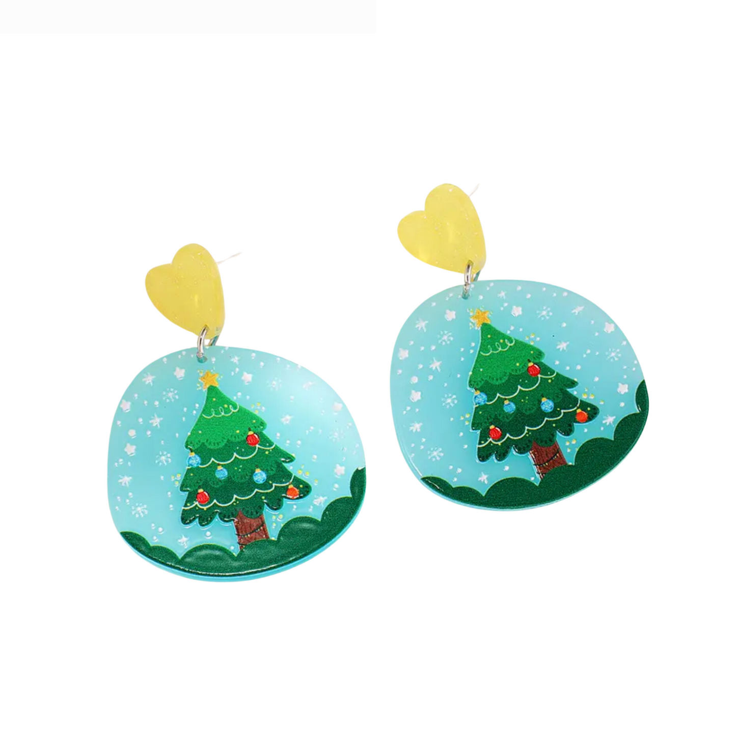 Snowy Christmas Tree Drop Earrings With Yellow Heart