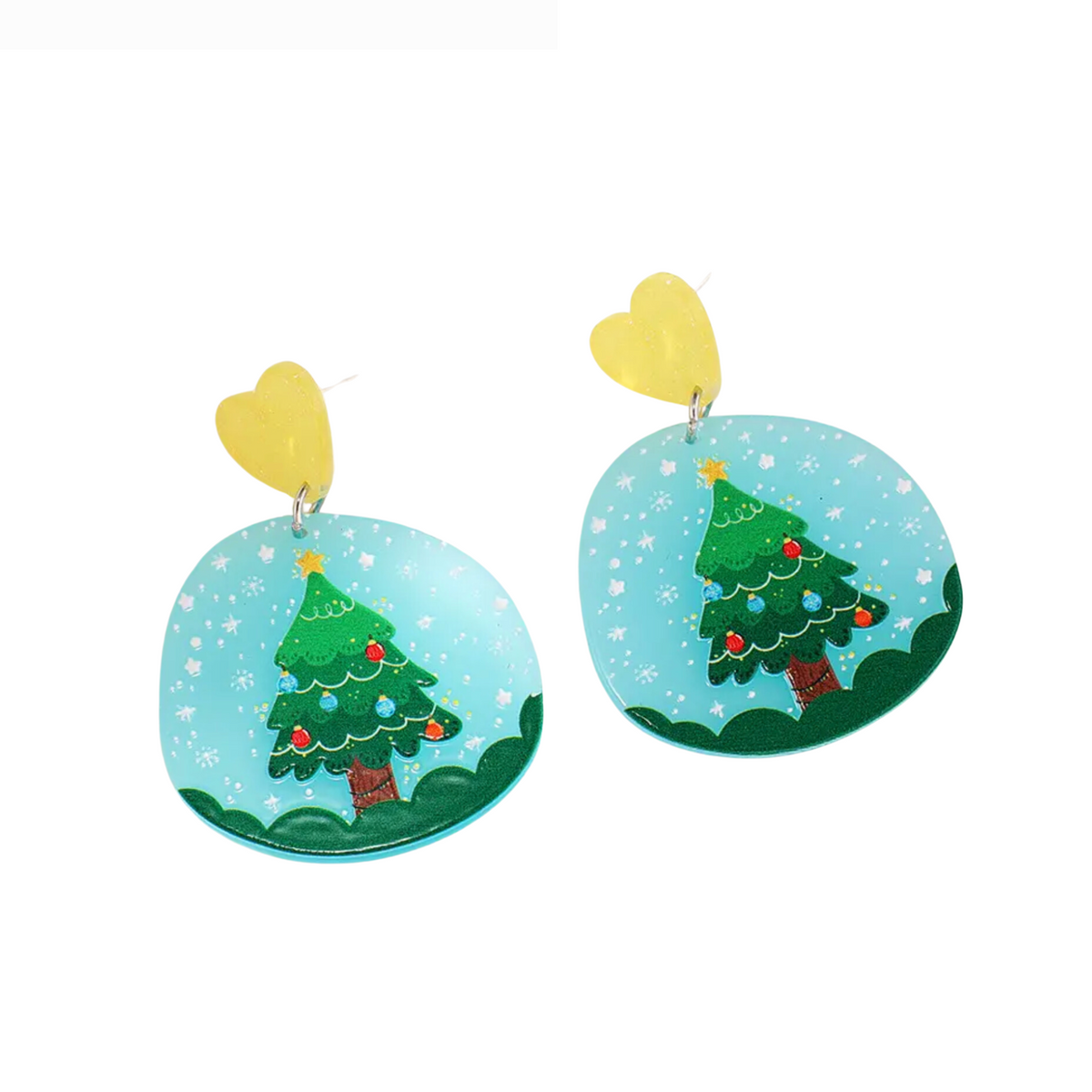 Pair of teal Christmas tree drop earrings with yellow heart tops