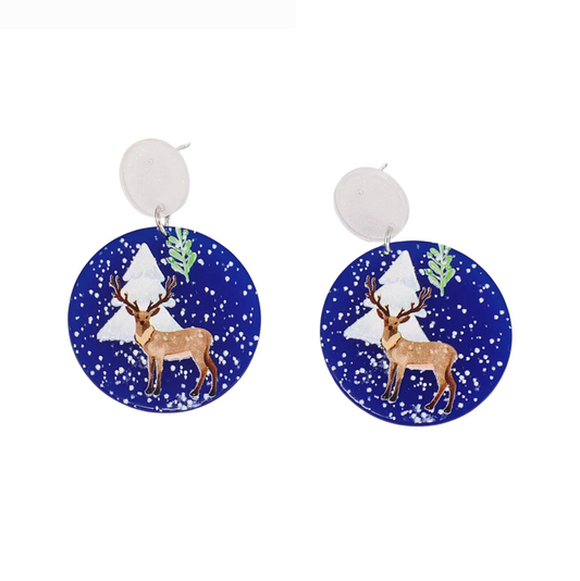 Blue Wintertime Deer Circular Earrings