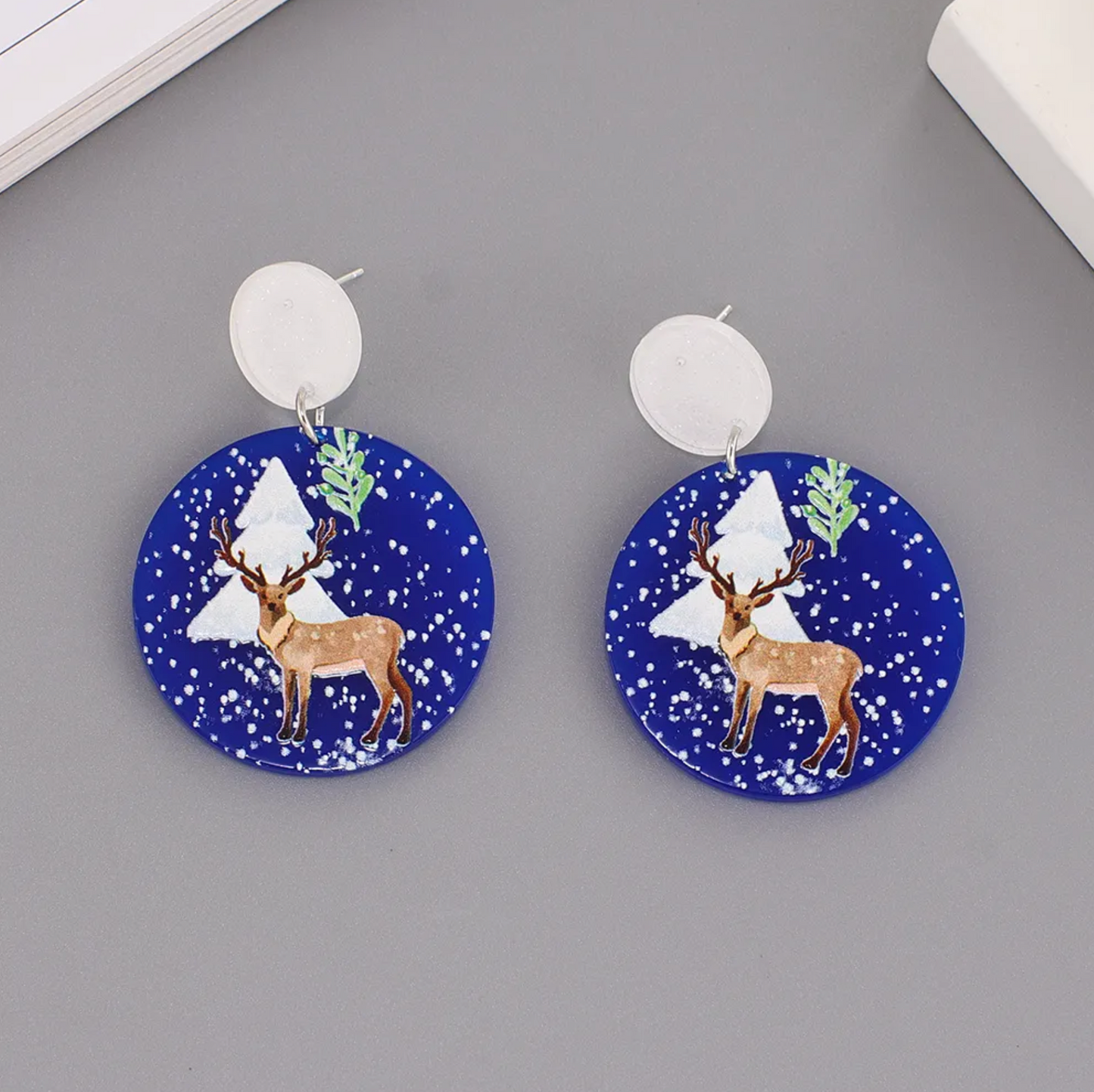 Blue Wintertime Deer Circular Earrings