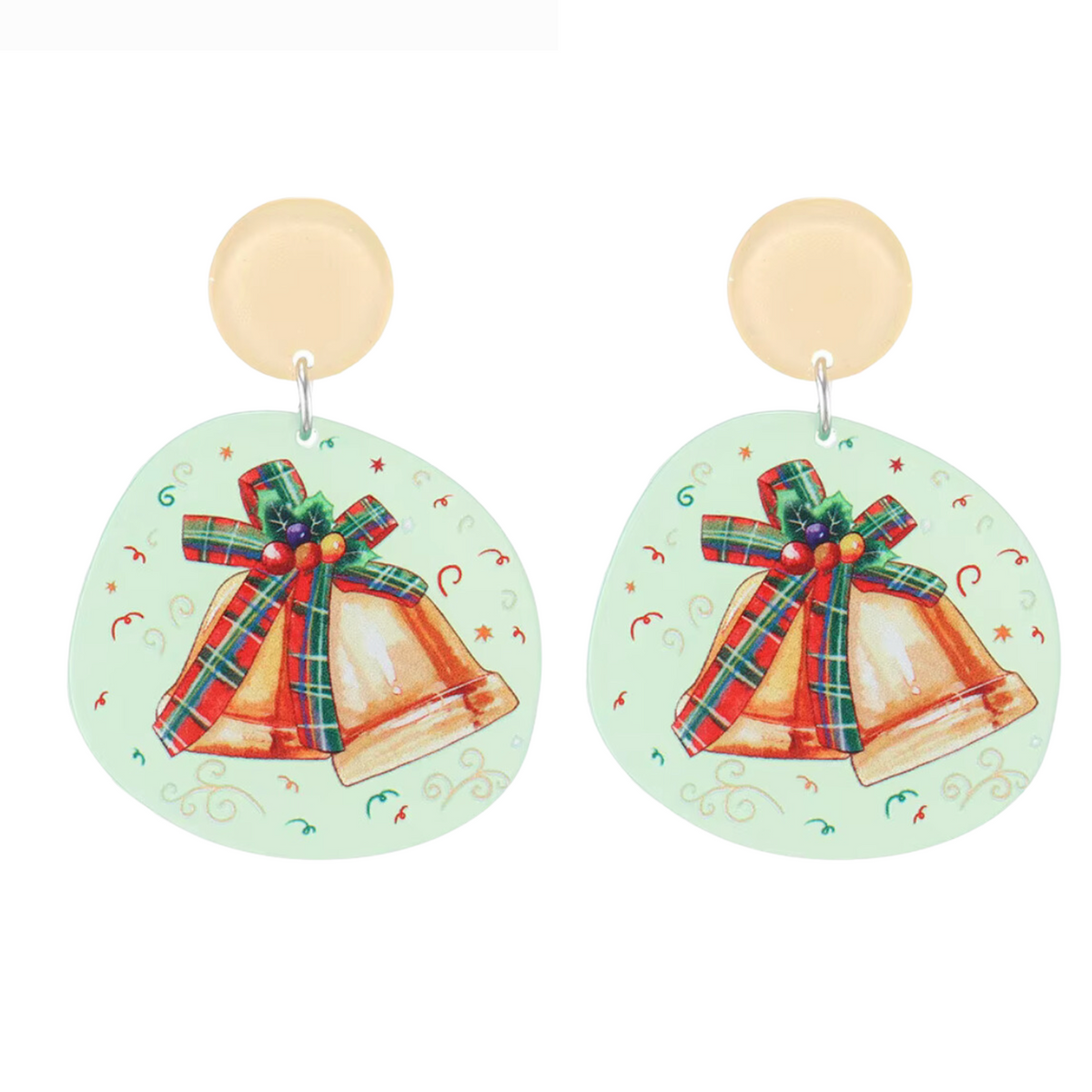 Green circular Christmas bell drop earrings with goldtone round studs