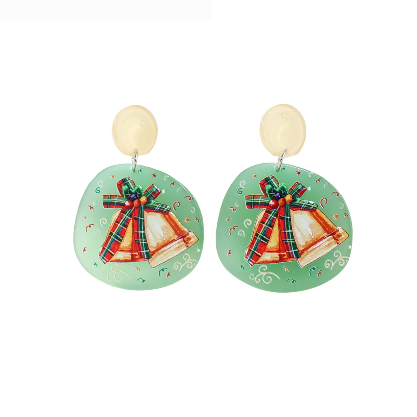 Green Circular Christmas Bells Drop Earrings