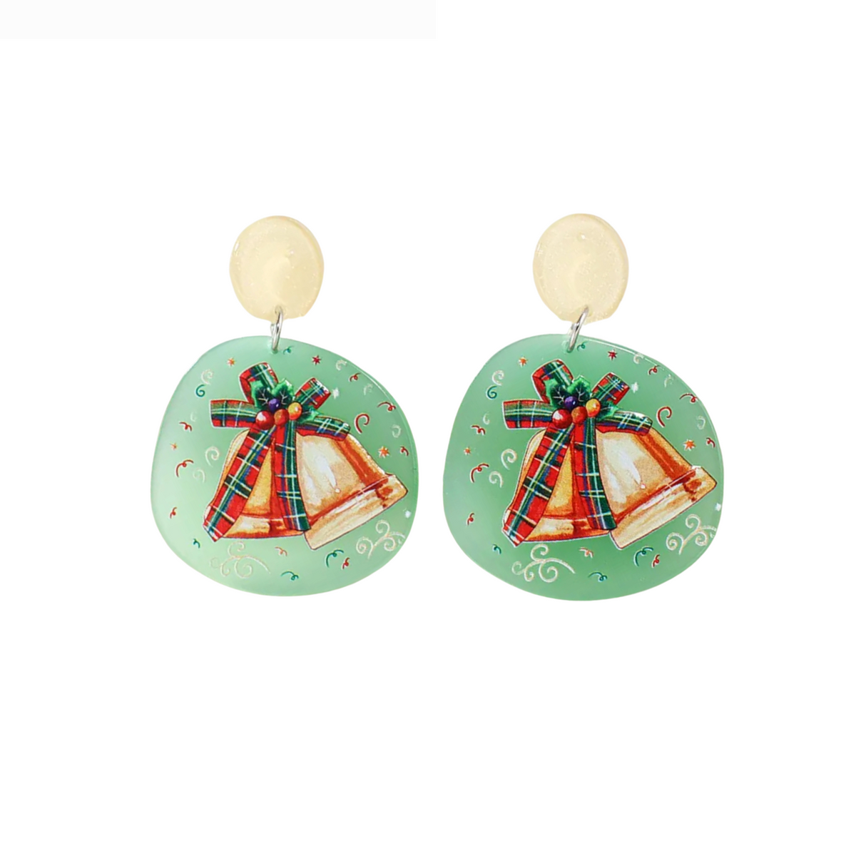 Pair of green Christmas bell earrings with red plaid bows