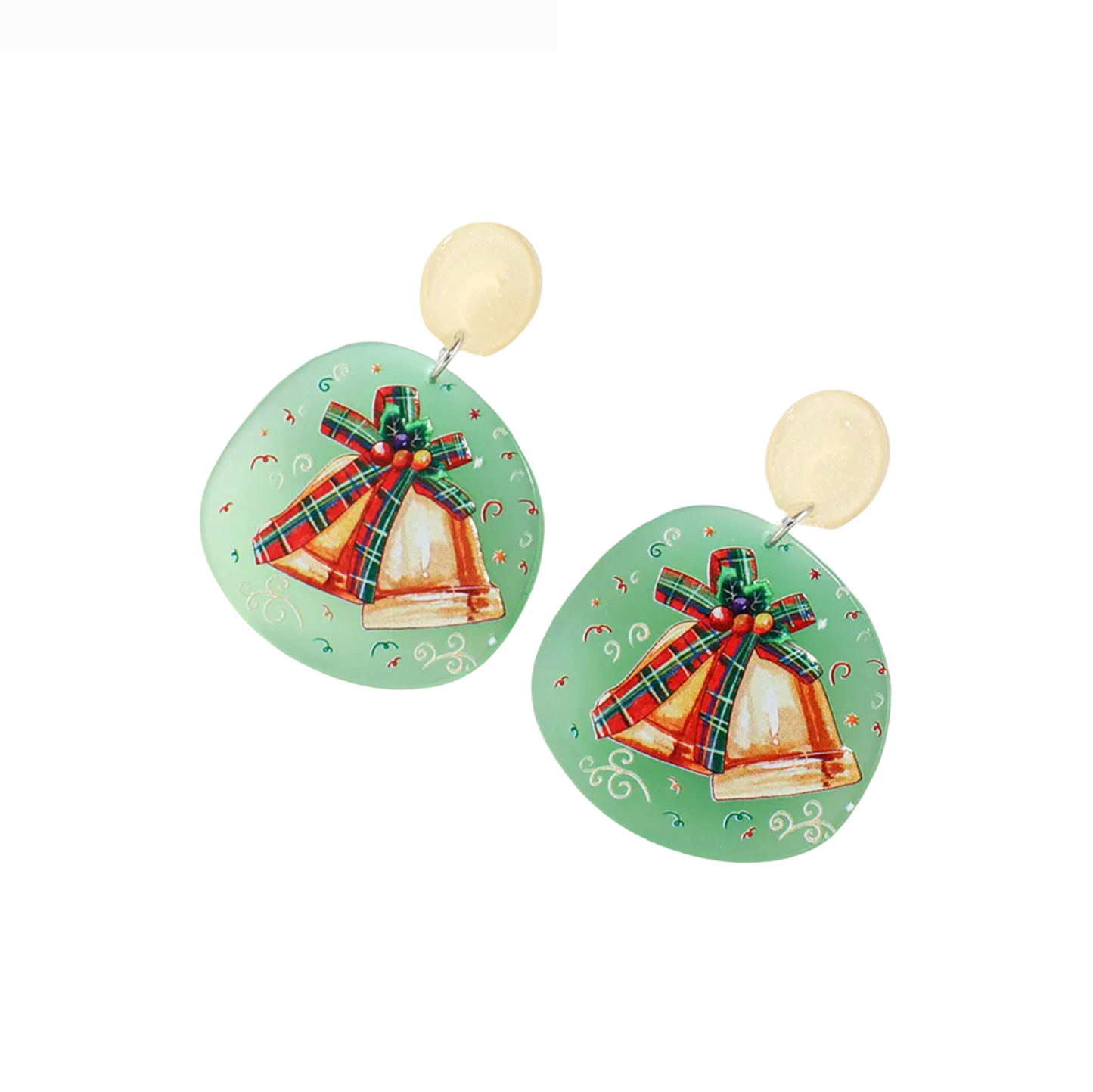 Green Circular Christmas Bells Drop Earrings